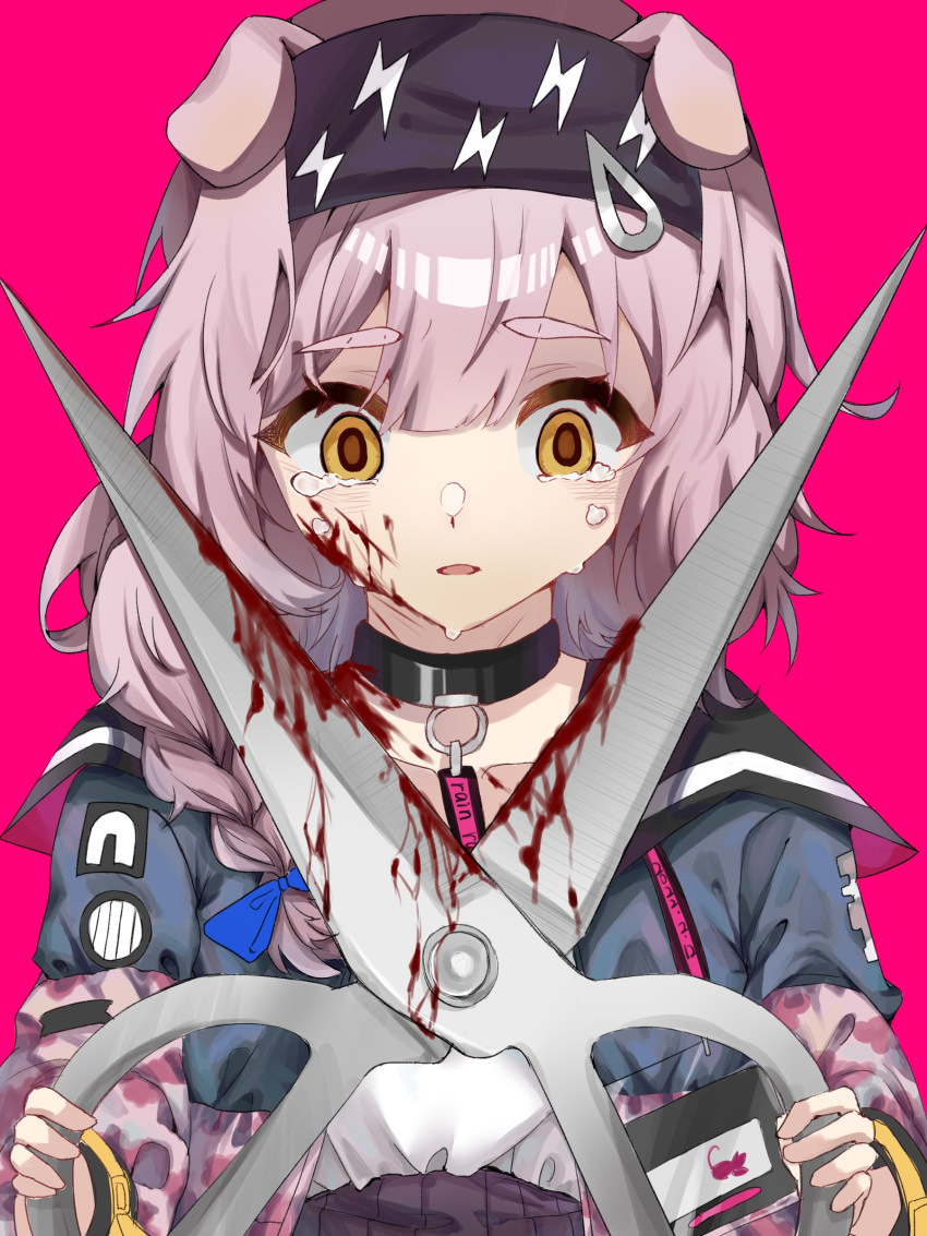 absurdres animal_ears arknights bangs black_hairband blood blood_on_face blood_on_weapon blue_bow bow braid cat_ears coat collar collarbone crying crying_with_eyes_open empty_eyes eyebrows_visible_through_hair goldenglow_(arknights) hair_bow hairband highres huge_weapon lightning_bolt_print long_hair long_sleeves looking_at_viewer open_clothes open_coat open_mouth pink_background pink_hair sandianshuide_rain scissors shirt side_braid simple_background tears upper_body weapon white_shirt yandere yellow_eyes