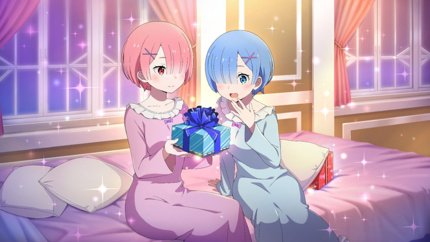 2girls :d bed bedroom blue_dress blue_eyes blue_hair bow box closed_mouth collarbone dress gift gift_box hair_ornament hair_over_one_eye holding holding_box indoors long_sleeves multiple_girls on_bed pillow pink_bow pink_dress pink_hair purple_bow ram_(re:zero) re:zero_kara_hajimeru_isekai_seikatsu red_eyes rem_(re:zero) shiny shiny_hair short_hair siblings sisters sitting sitting_on_bed sleepwear smile x_hair_ornament