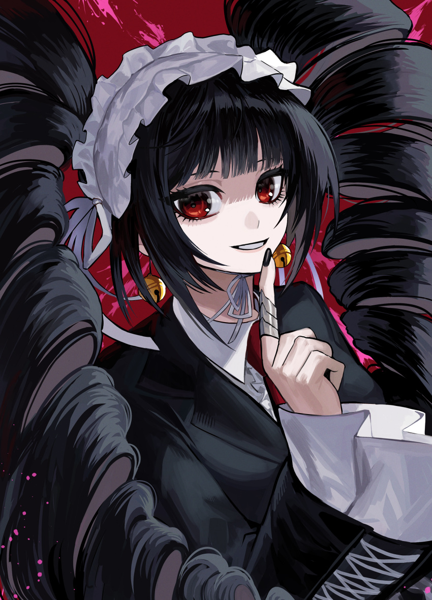 1girl absurdres bangs black_hair black_jacket black_nails celestia_ludenberg center_frills collared_shirt danganronpa:_trigger_happy_havoc danganronpa_(series) drill_hair earrings frills grin highres index_finger_raised jacket jewelry long_fingers long_hair long_sleeves nail_polish necktie nongxy_nonshi red_background red_eyes red_necktie shirt smile teeth twin_drills twintails upper_body white_shirt