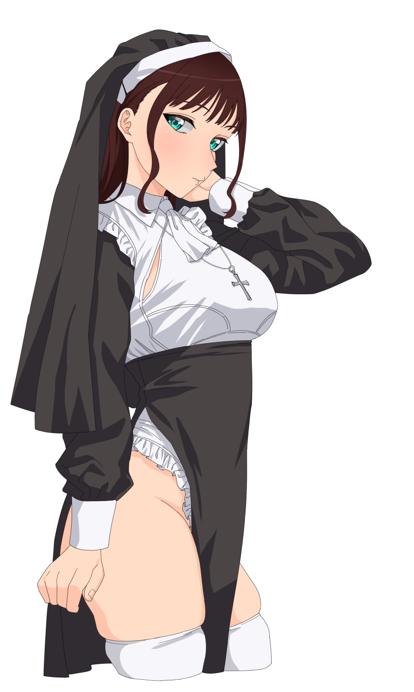 1girl absurdres amane_a_(007_uiro) breasts brown_hair cross cross_necklace frills highres jewelry long_hair looking_at_viewer necklace nun original simple_background skindentation solo thigh-highs veil white_background white_legwear