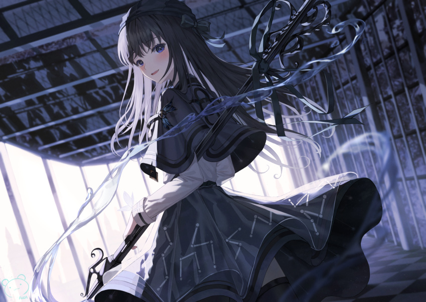1girl :d bangs black_bow black_capelet black_hair black_headwear black_legwear black_skirt blue_eyes blurry blurry_background blush bow capelet commentary_request depth_of_field eyebrows_visible_through_hair hair_bow hat highres holding indoors long_hair long_sleeves looking_at_viewer looking_back original ruda_(ruda_e) shirt skirt smile solo thigh-highs very_long_hair white_shirt