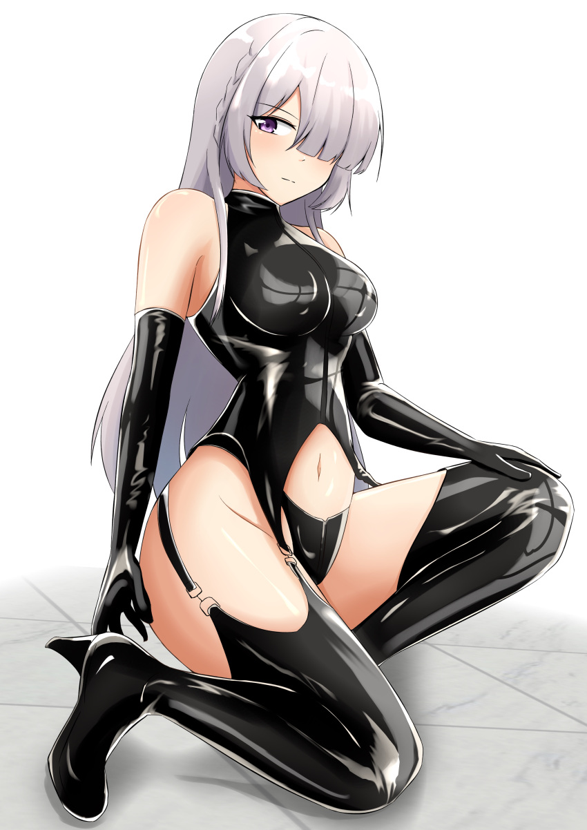 1girl absurdres ak-15_(girls'_frontline) bangs bare_shoulders black_footwear black_underwear boots braid breasts closed_mouth commentary commission elbow_gloves full_body girls_frontline gloves grey_hair hair_over_one_eye hand_on_own_knee high_heel_boots high_heels highleg highres hiuyec kneeling latex latex_gloves latex_legwear legs_folded long_bangs long_hair looking_to_the_side navel o-ring parted_bangs shiny shiny_clothes simple_background skeb_commission solo thigh-highs thighs underwear violet_eyes white_background