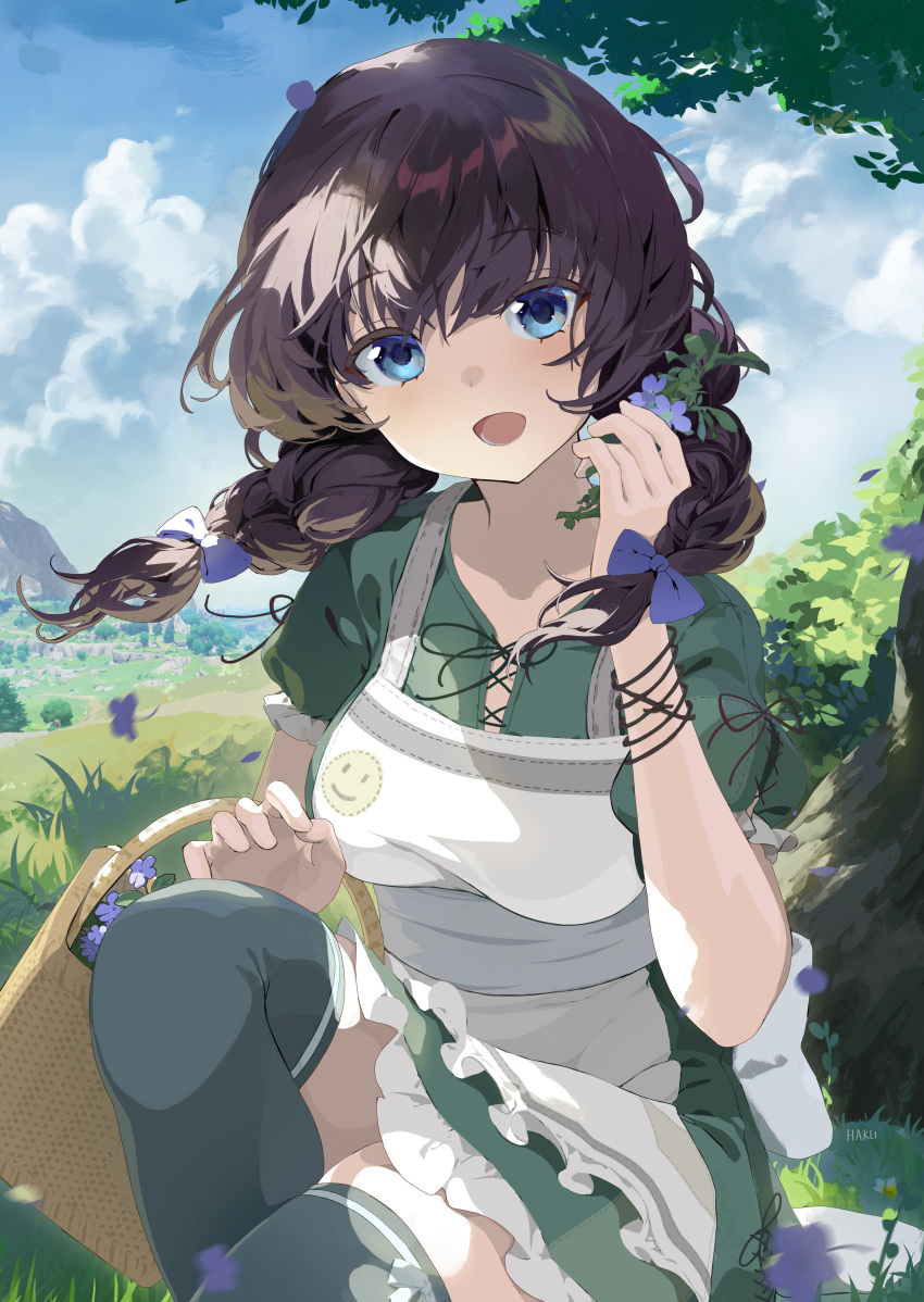 1girl :d absurdres apron artist_name bangs basket black_hair black_legwear blue_bow blue_eyes blue_flower blush bow bracelet braid breasts character_request clouds cloudy_sky copyright_request dress flower frilled_apron frilled_dress frills grass green_dress hair_between_eyes hair_bow haku89 highres holding holding_basket holding_flower jewelry long_hair looking_at_viewer medium_breasts on_grass open_mouth outdoors short_sleeves sitting sky smile solo thigh-highs thighs tree twin_braids under_tree watermark white_apron white_bow