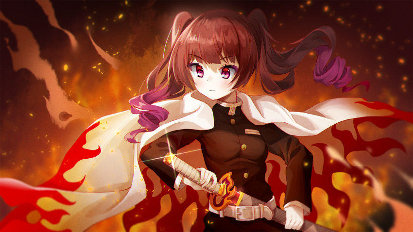 1girl bangs belt belt_buckle black_jacket breasts brown_hair buckle chobi_(penguin_paradise) commentary_request copyright_request eyebrows_visible_through_hair gradient_hair highres holding holding_sheath holding_sword holding_weapon jacket katana kimetsu_no_yaiba long_hair multicolored_hair official_art purple_hair red_eyes ringlets sheath small_breasts solo sword twintails unsheathing virtual_youtuber weapon white_belt