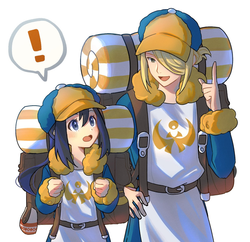 ! 1boy 1girl :d akari_(pokemon) alternate_costume backpack bag bangs black_hair blonde_hair blue_jumpsuit blush brown_bag clenched_hands commentary_request eye_contact fur_trim ginkgo_guild_uniform grey_eyes hair_over_one_eye hand_on_hip hand_up hat highres index_finger_raised jumpsuit long_hair long_sleeves looking_at_another open_mouth pokemon pokemon_(game) pokemon_legends:_arceus punico_(punico_poke) short_hair sidelocks smile spoken_exclamation_mark tongue volo_(pokemon) white_background yellow_headwear
