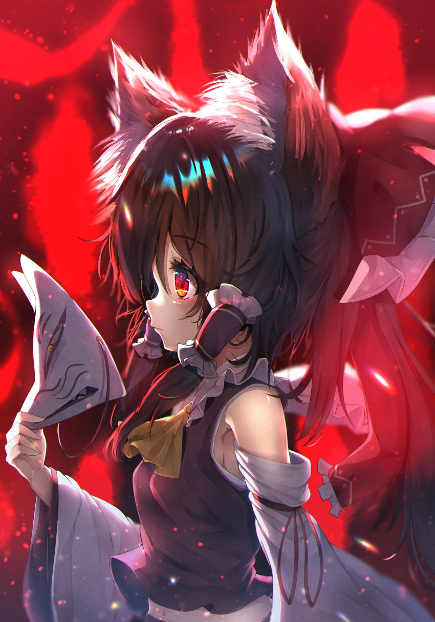 1girl absurdres animal_ear_fluff animal_ears ascot bangs black_hair bow closed_mouth detached_sleeves dfra eyebrows_visible_through_hair fox_mask from_side hair_bow hakurei_reimu highres holding holding_mask light_particles long_hair mask navel nontraditional_miko ponytail red_background red_bow red_eyes red_shirt shirt solo touhou upper_body wide_sleeves yellow_ascot