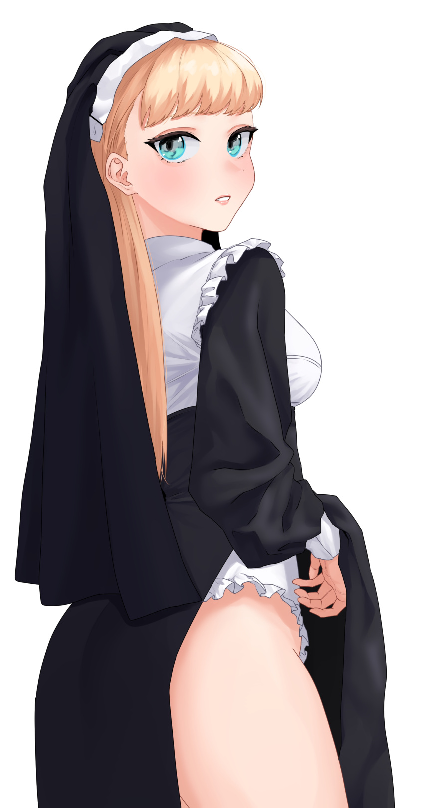 1girl absurdres amane_a_(007_uiro) ass back blonde_hair blue_eyes blush breasts frills highres long_hair looking_at_viewer nun original parted_lips simple_background solo veil white_background