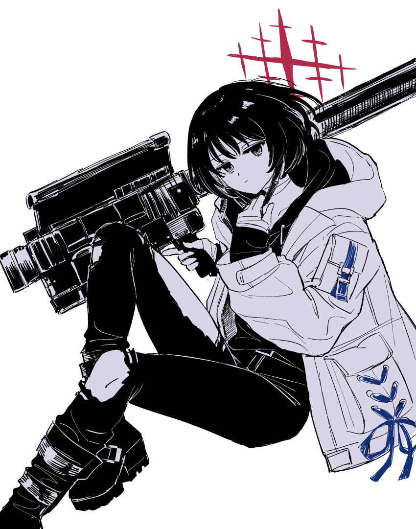 1girl absurdres blue_archive boots denim expressionless fim-92_stinger foot_out_of_frame halo hand_wraps highres holding holding_weapon hood hooded_jacket hoodie jacket jeans layered_clothing looking_at_viewer mask misaki_(blue_archive) monochrome mouth_mask nayuta_ggg open_clothes open_jacket pants removing_mask ribbon rocket_launcher short_hair simple_background sleeves_past_wrists solo spot_color star_(symbol) torn_clothes torn_legwear weapon white_background