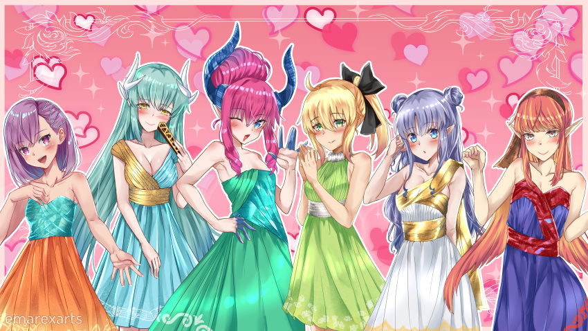 6+girls absurdres alternate_costume alternate_hairstyle artoria_pendragon_(fate) blonde_hair blue_eyes circe_(fate/grand_order) dragon_girl dragon_horns elizabeth_bathory_(fate)_(all) emarexarts green_eyes heart helena_blavatsky_(fate) highres horns kiyohime looking_at_viewer medea_(fate) medea_(lily)_(fate) multiple_girls pink_hair pink_nails pointy_ears ponytail purple_hair saber_lily valentine