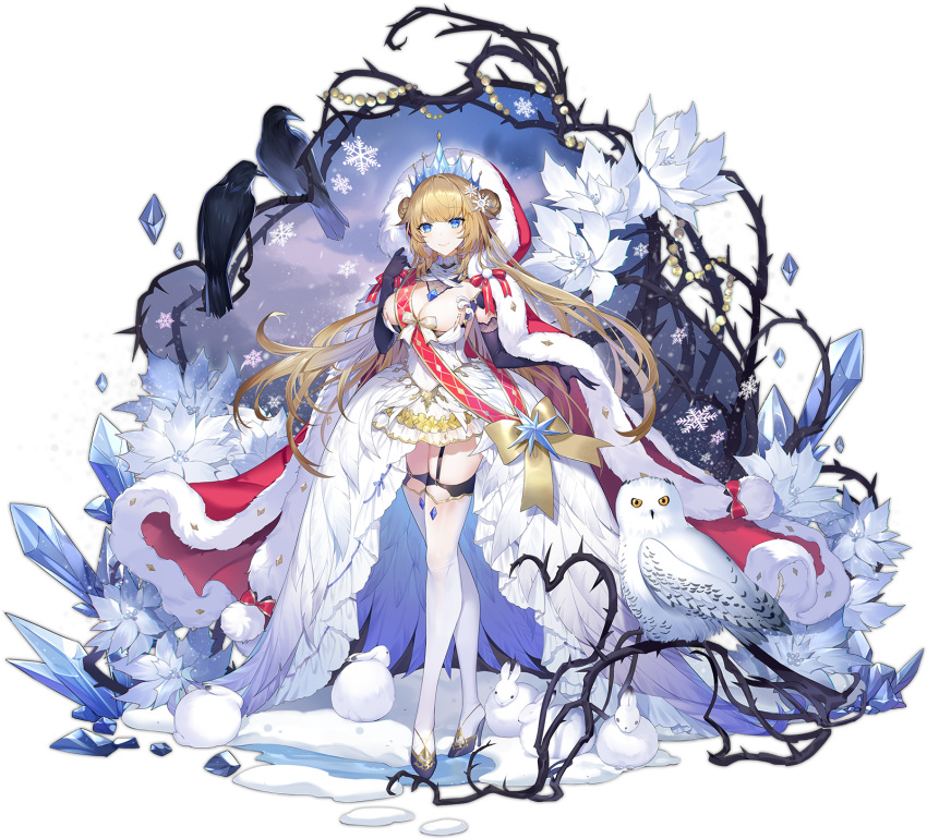 1girl ark_order bangs barn_owl bird black_gloves blonde_hair blue_eyes blue_footwear bow breasts cape closed_mouth crow crystal double_bun dress elbow_gloves flower full_body fur-trimmed_cape fur_trim gloves hatoyama_itsuru high_heels highres hood hooded_cape ice jewelry large_breasts looking_at_viewer necklace official_art pom_pom_(clothes) rabbit red_bow red_cape red_hood shoes sidelocks sleeping_beauty sleeping_beauty_(ark_order) sleeping_beauty_(character) smile snow snowflakes solo thigh-highs thorns transparent_background white_bow white_dress white_flower white_legwear