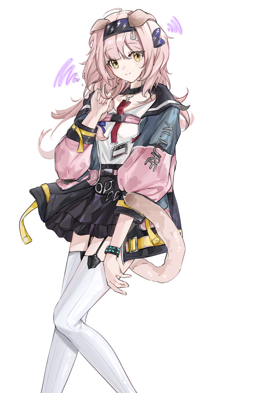 1girl animal_ears arknights bangs black_bow black_choker black_hairband black_skirt bow braid cat_ears cat_girl cat_tail choker closed_mouth clothes_writing eggkiller english_text eyebrows_visible_through_hair feet_out_of_frame garter_straps goldenglow_(arknights) hair_bow hairband highres id_card jacket lightning_bolt_print long_hair long_sleeves looking_at_viewer multicolored_clothes multicolored_jacket open_clothes open_jacket pink_hair scissors shirt side_braid simple_background skirt solo squiggle standing striped striped_legwear tail thigh-highs two-tone_jacket vertical-striped_legwear vertical_stripes white_background white_legwear white_shirt yellow_eyes zettai_ryouiki