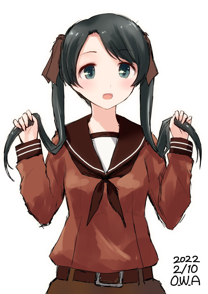 1girl artist_name black_hair brown_neckerchief brown_sailor_collar brown_serafuku brown_shirt dated grey_eyes highres holding holding_hair kantai_collection long_hair looking_at_viewer mikuma_(kancolle) neckerchief owa_(ishtail) sailor_collar shirt simple_background solo twintails upper_body white_background