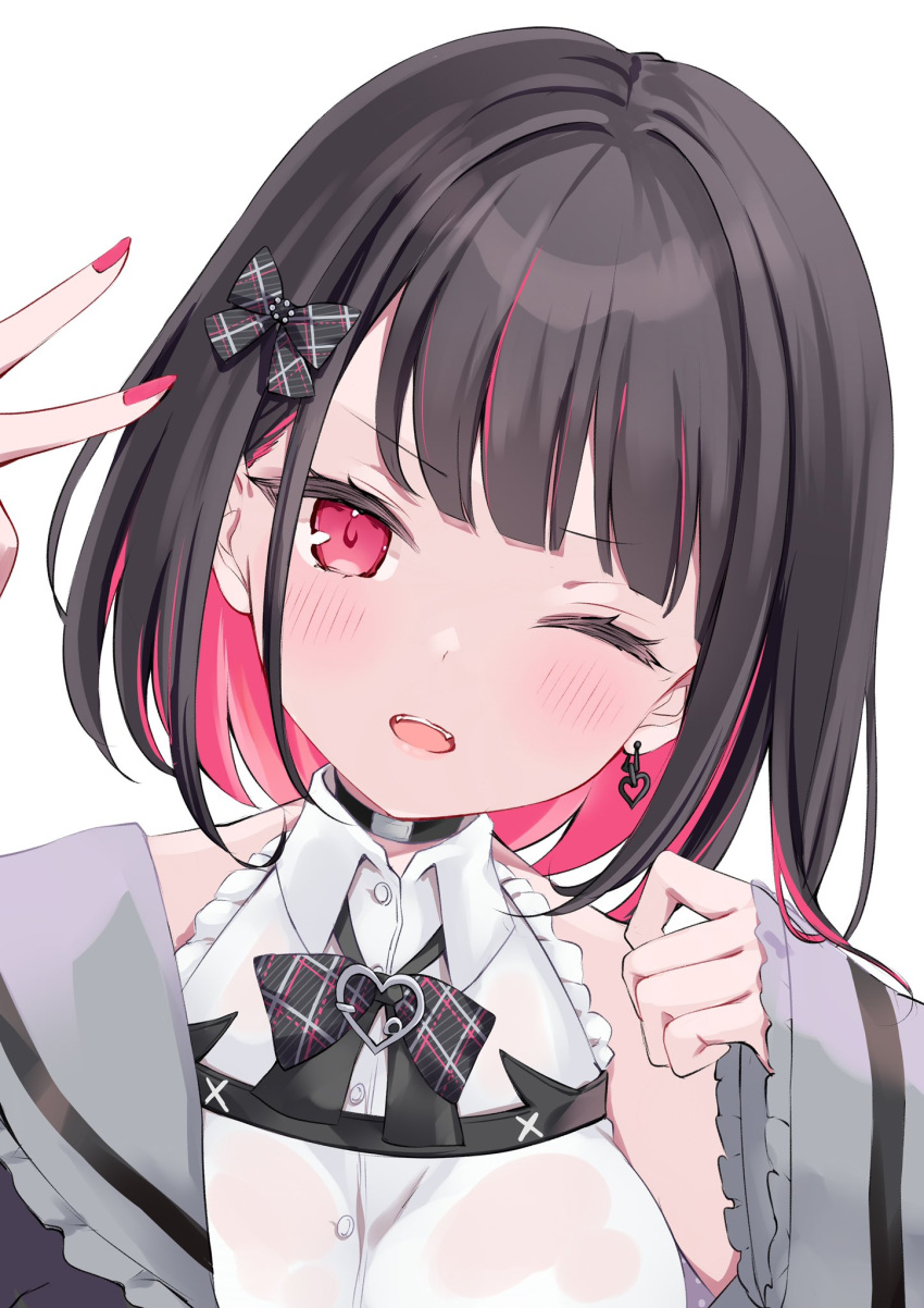 1girl bangs bare_shoulders belt black_belt black_bow black_bowtie black_choker black_hair blunt_bangs blush bow bowtie choker collared_shirt earrings eyebrows_visible_through_hair fang frilled_shirt frills hair_bow heart heart_earrings highres indie_virtual_youtuber jewelry long_sleeves looking_at_viewer medium_hair multicolored_hair nail_polish one_eye_closed open_mouth pink_hair pink_nails plaid plaid_bow plaid_bowtie rikotan_(vtuber) roriwanko see-through shirt simple_background smile solo two-tone_hair upper_body v virtual_youtuber wet wet_clothes wet_shirt white_background white_shirt