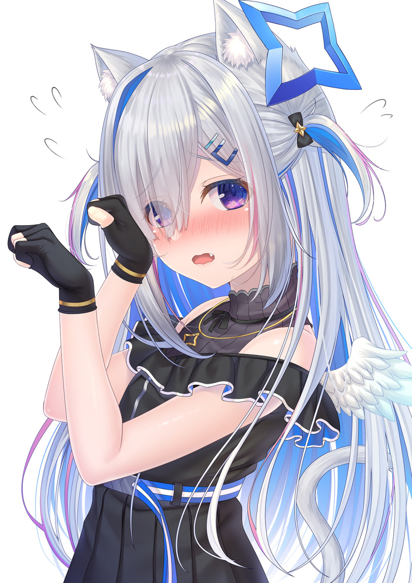 1girl amane_kanata angel angel_wings animal_ear_fluff animal_ears belt black_dress black_gloves blue_belt blue_hair blush cat_ears cat_girl cat_tail colored_inner_hair dress embarrassed fang feathered_wings flying_sweatdrops fuyu_urara gloves hair_ornament hair_over_one_eye hairclip halo highres hololive jewelry long_bangs long_hair looking_at_viewer mini_wings multicolored_hair necklace open_mouth partially_fingerless_gloves paw_pose pink_hair pleated_dress silver_hair simple_background sleeveless sleeveless_dress solo star_(symbol) star_halo star_necklace streaked_hair tail two_side_up violet_eyes virtual_youtuber wavy_mouth white_background white_wings wings