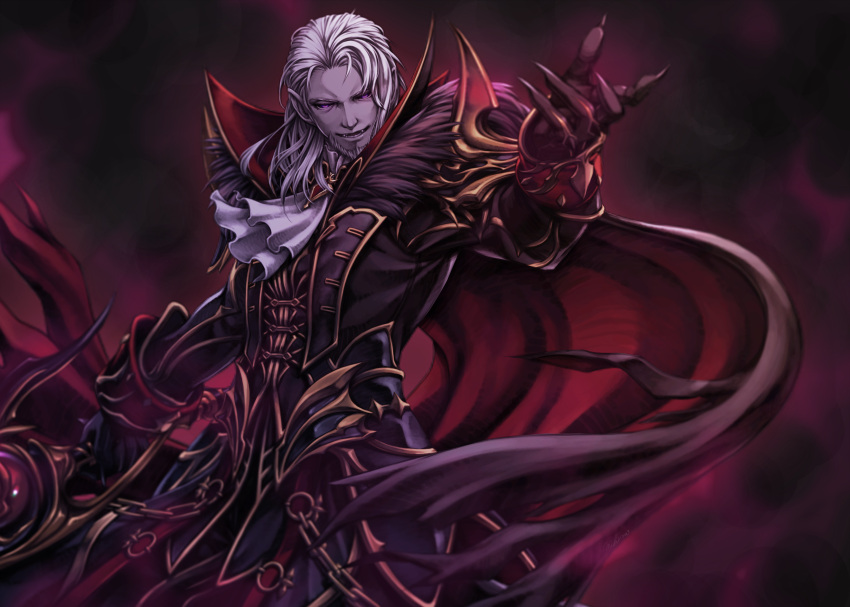 1boy arm_up ascot aura cape coat collared_cape colored_skin cowboy_shot fangs final_fantasy final_fantasy_xiv fur_collar gloves glowing glowing_eyes grey_hair grey_skin half-closed_eyes hesperos high_collar highres holding holding_weapon long_hair long_sleeves male_focus mihira_(tainosugatayaki) open_mouth outstretched_arm pointy_ears smile solo vampire violet_eyes weapon