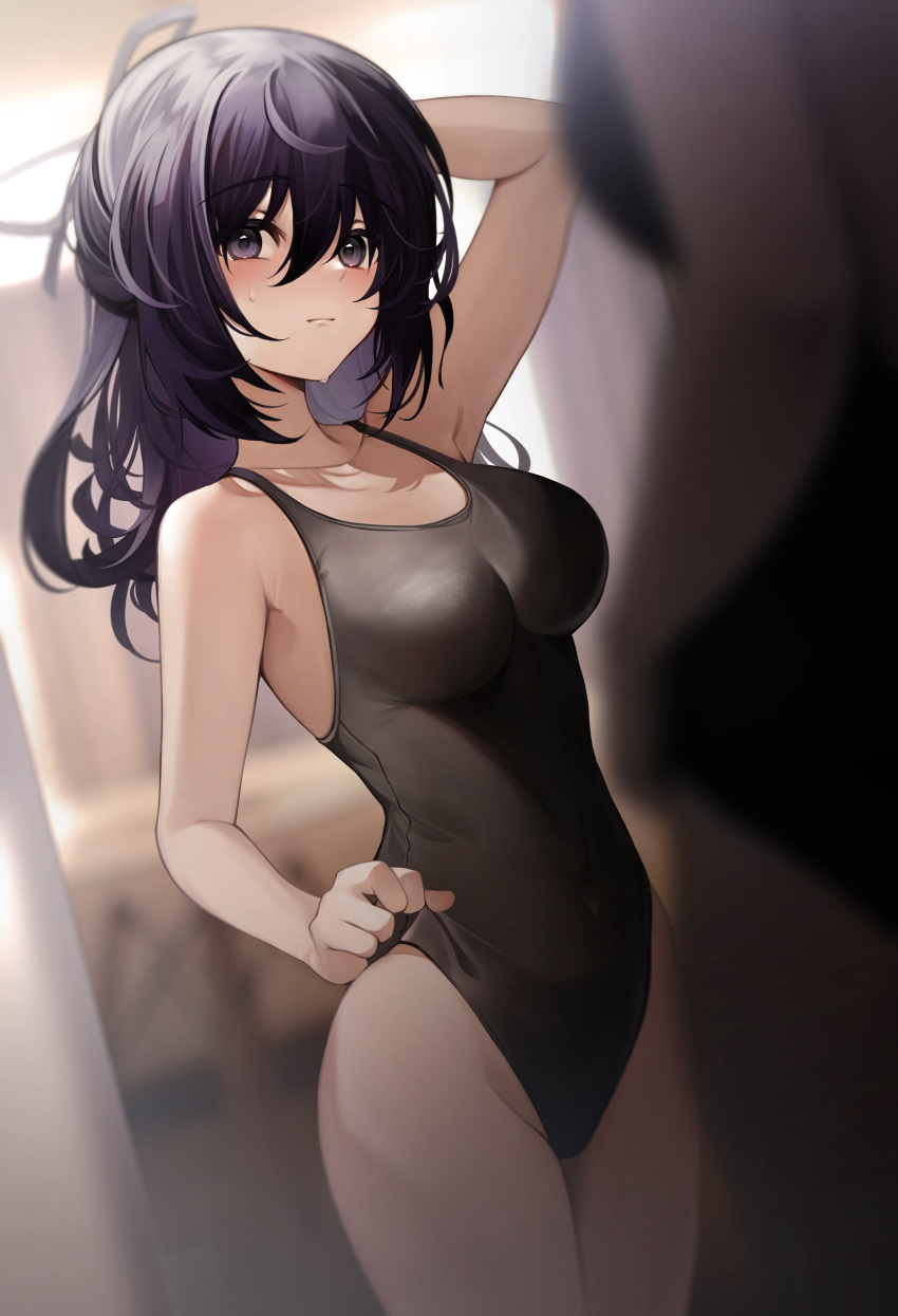 2girls absurdres amanai_daisy ao_no_kiseki arm_behind_head arm_up bare_arms bare_shoulders black_eyes black_swimsuit blurry blurry_background blurry_foreground blush breasts closed_mouth collarbone commentary commission competition_swimsuit cowboy_shot depth_of_field eiyuu_densetsu english_commentary highres indoors large_breasts long_hair multiple_girls one-piece_swimsuit purple_hair rixia_mao smile solo_focus swimsuit