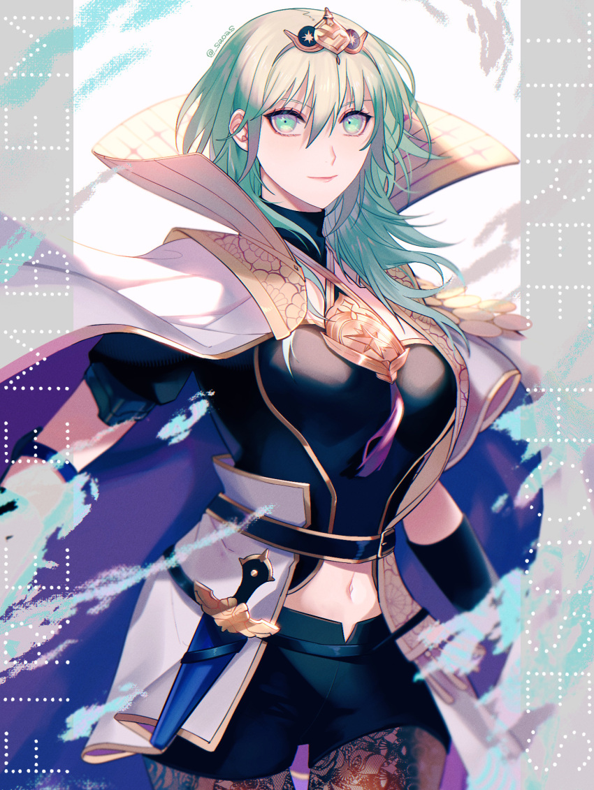 1girl alternate_hair_color bangs belt black_belt black_shirt black_shorts breasts brown_legwear byleth_(fire_emblem) byleth_eisner_(female) cape circlet closed_mouth commentary_request copyright_name cowboy_shot crop_top dagger emblem enlightened_byleth_(female) eyebrows_behind_hair fire_emblem fire_emblem:_three_houses green_eyes green_hair hair_between_eyes halterneck high_collar highres knife large_breasts looking_at_viewer medium_hair navel oas pantyhose sheath sheathed shirt short_shorts short_sleeves shorts sidelocks smile solo standing twitter_username vambraces weapon white_cape