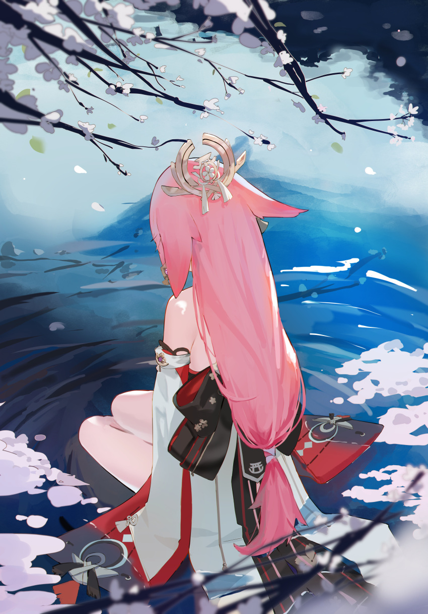 1girl absurdres animal_ears bare_shoulders cherry_blossoms detached_sleeves falling_petals fishofthelakes fox_ears from_above from_behind genshin_impact hair_ornament highres japanese_clothes long_hair low-tied_long_hair miko petals pink_hair priestess ripples sitting water wide_sleeves yae_miko