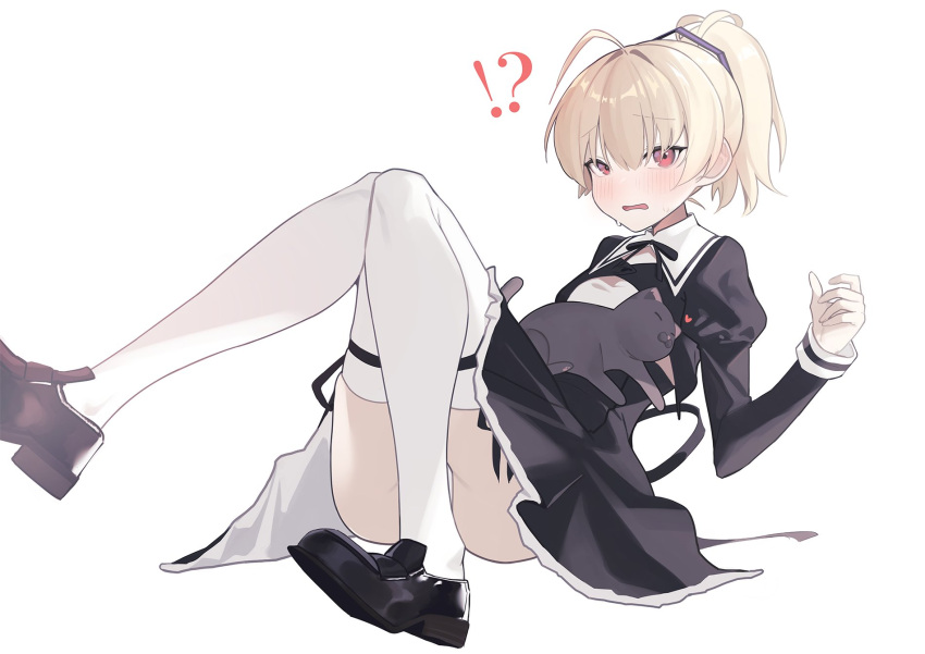 !? 1girl ahoge andou_tazusa animal assault_lily bangs black_cat black_footwear black_skirt blonde_hair blush cat cat_on_person commentary_request convenient_leg cropped_jacket eyebrows_visible_through_hair fataaa foot_out_of_frame hair_between_eyes hair_ribbon hand_up heart high-waist_skirt high_ponytail highres juliet_sleeves knees_together_feet_apart knees_up leaning_back leg_ribbon loafers long_sleeves looking_at_viewer neck_ribbon panties parted_lips puffy_sleeves purple_ribbon red_eyes ribbon school_uniform shoes short_hair short_ponytail simple_background sitting skirt solo striped striped_ribbon sweat thigh-highs two-tone_ribbon underwear upskirt white_background white_legwear white_panties yurigaoka_girls_academy_school_uniform