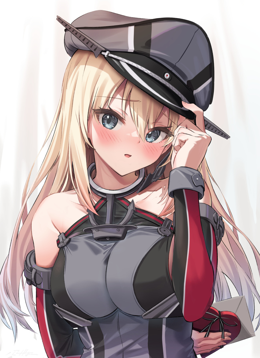 1girl absurdres anchor bare_shoulders bismarck_(kancolle) bismarck_drei_(kancolle) blonde_hair blue_eyes box breasts detached_sleeves duplicate gift gift_bow grey_headwear hat heart-shaped_box highres holding holding_gift holding_letter kantai_collection kokenashi large_breasts letter long_hair peaked_cap pixel-perfect_duplicate solo upper_body