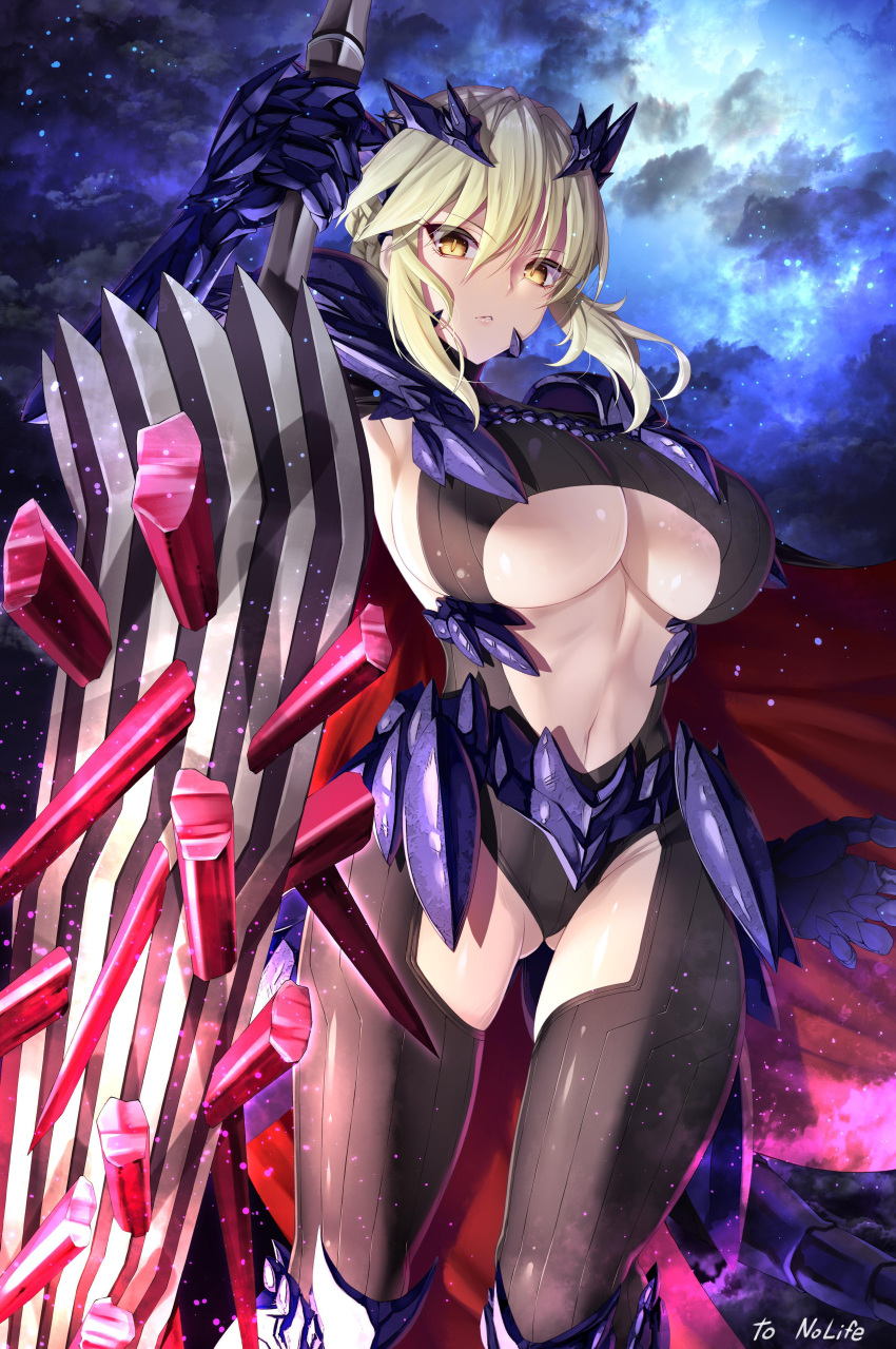 1girl absurdres armor armpits artoria_pendragon_(fate) artoria_pendragon_(lancer_alter)_(fate) ass_visible_through_thighs bangs blonde_hair bodysuit breasts clothing_cutout commission emanon123 eyebrows_visible_through_hair fate/grand_order fate_(series) gauntlets hair_between_eyes hair_ornament highres holding holding_polearm holding_weapon large_breasts looking_at_viewer navel polearm revealing_clothes rhongomyniad_(fate) second-party_source skeb_commission skindentation solo stomach under_boob weapon yellow_eyes