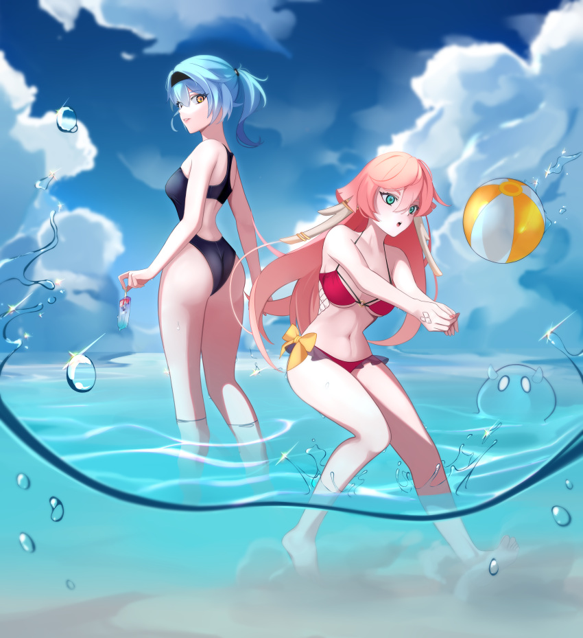 2girls absurdres ass ball beach beachball blue_hair blue_sky blurry blurry_background breasts collarbone eula_(genshin_impact) eyebrows_visible_through_hair food genshin_impact green_eyes hair_between_eyes hair_ornament highres horns hyafumi long_hair looking_at_viewer medium_breasts multiple_girls ocean open_mouth popsicle ribbon sky slime_(genshin_impact) swimsuit water yanfei_(genshin_impact) yellow_eyes