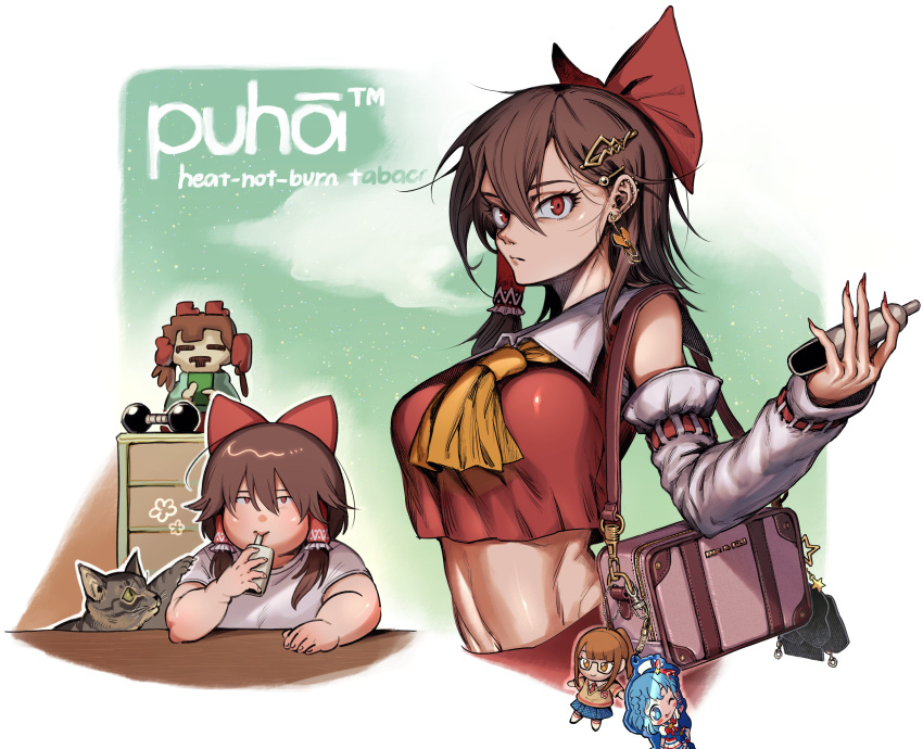 2girls absurdres ascot bag bangs bow breasts brown_hair cabinet cat character_request charm_(object) closed_mouth commentary_request cookie_(touhou) crop_top detached_sleeves dual_persona dumbbell ear_piercing earrings fat frilled_hair_tubes frills hair_between_eyes hair_bow hair_ornament hair_tubes hairclip hakurei_reimu handbag heart heart_earrings highres jewelry large_breasts looking_at_viewer medium_hair multiple_girls navel piercing red_bow red_eyes red_skirt reu_(cookie) ribbon_trim ru_(cookie) shirt skirt sleeveless sleeveless_shirt star_(symbol) toteraba touhou upper_body white_sleeves yellow_ascot