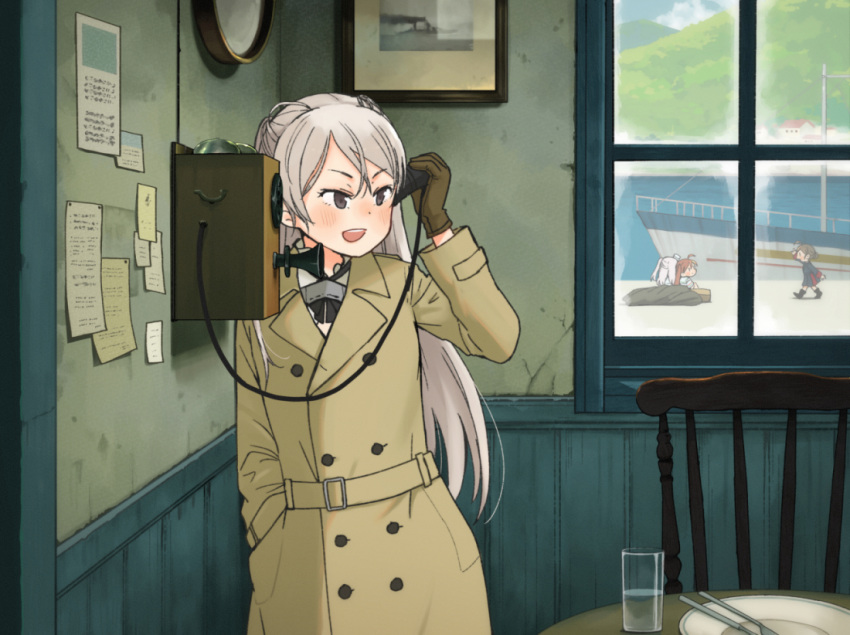 4girls annin_musou blush brown_eyes brown_gloves chair coat conte_di_cavour_(kancolle) corded_phone cup drinking_glass eyebrows_visible_through_hair fairy_(kancolle) gloves holding holding_phone kantai_collection long_hair long_sleeves multiple_girls open_mouth phone picture_(object) plate silver_hair smile teeth upper_teeth water window yellow_coat