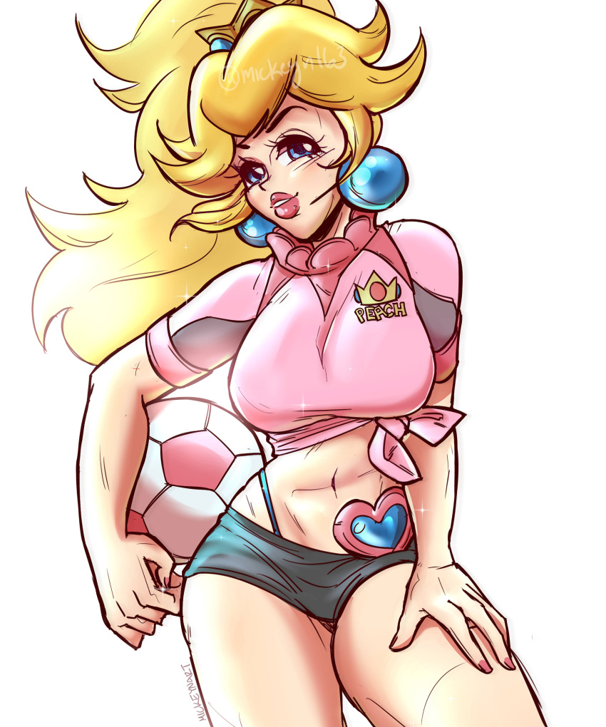 1girl ball black_shorts blonde_hair blue_eyes breasts concept_art crown earrings hand_on_own_thigh heart highres jewelry lipstick looking_at_viewer makeup mario_strikers:_battle_league mickeyn163 midriff pearl_earrings ponytail pose princess_peach royal shirt short_shorts shorts soccer soccer_ball solo sportswear super_mario_bros. super_mario_strikers tied_shirt