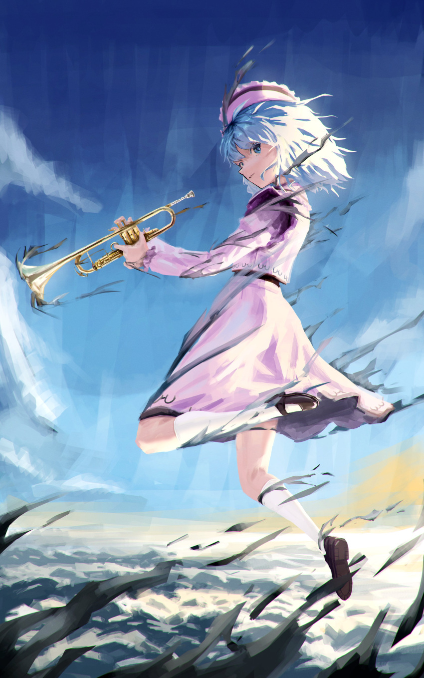 1girl absurdres bangs black_footwear blue_eyes blue_hair blue_sky clouds frilled_hat frills from_side full_body hat highres holding holding_instrument instrument kneehighs long_sleeves looking_at_viewer merlin_prismriver nepperoni open_mouth outdoors pink_headwear pink_skirt pink_vest short_hair skirt sky solo touhou trumpet vest white_legwear