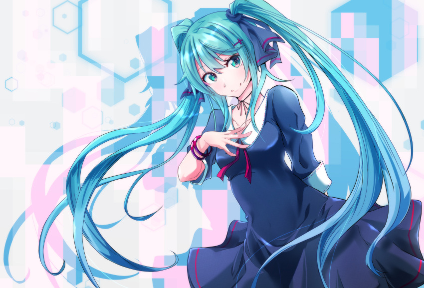1girl arm_behind_back bangs black_ribbon blue_dress blue_hair bracelet breasts choker closed_mouth collarbone cross_hair_ornament dress eyebrows_visible_through_hair floating_hair hair_between_eyes hair_ornament hatsune_miku highres jewelry long_hair looking_at_viewer mugimeshi_(21bouzu) neck_ribbon red_ribbon ribbon ribbon_choker shiny shiny_hair small_breasts smile solo standing twintails very_long_hair vocaloid