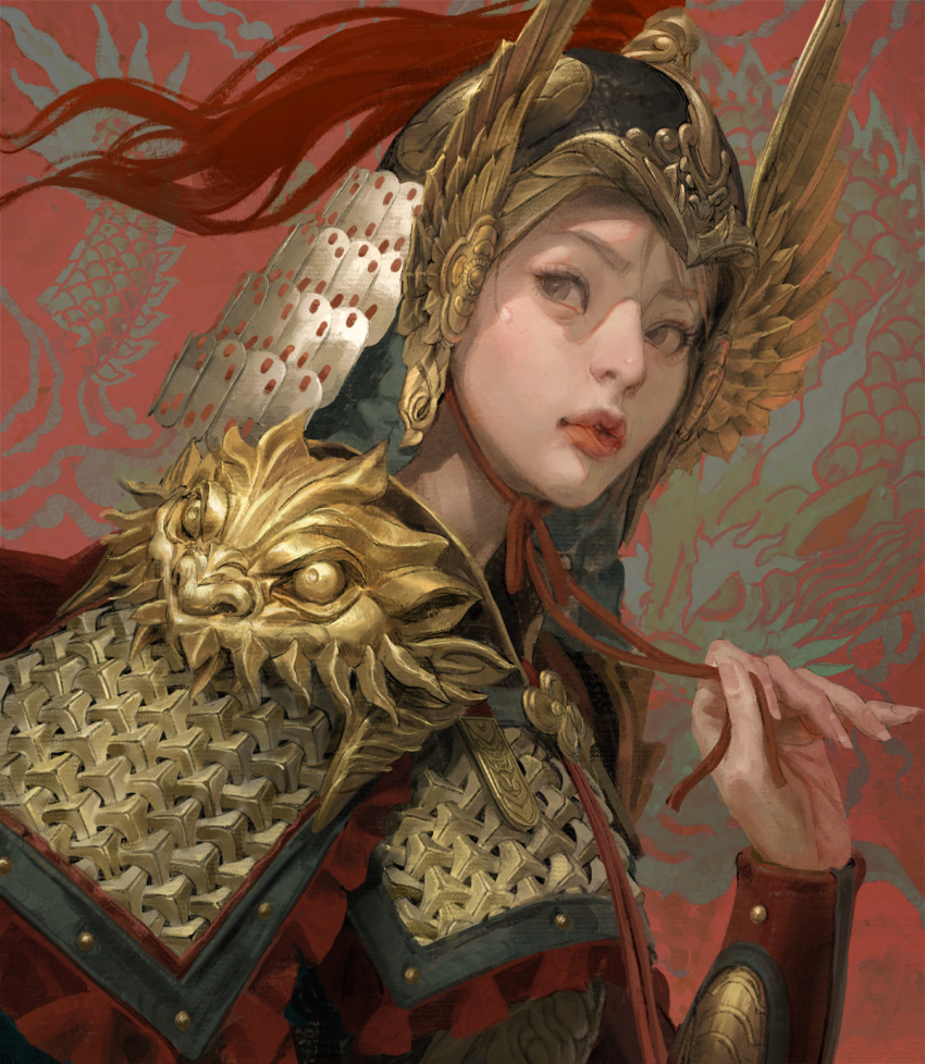 1girl armor chinese_armor dragon eastern_dragon grey_eyes hand_up helmet highres looking_at_viewer original red_background sangsoo_jeong solo upper_body