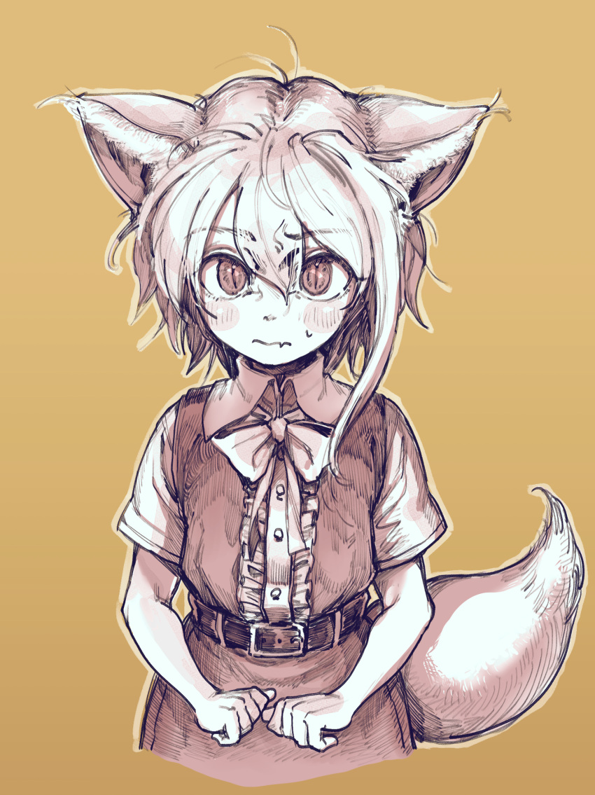 1girl animal_ears asymmetrical_hair bangs belt blush bow bowtie center_frills closed_mouth collared_shirt commentary_request cookie_(touhou) cowboy_shot dress eyebrows_visible_through_hair fang fang_out fox_ears fox_girl fox_tail frills hair_between_eyes highres looking_at_viewer medium_hair miramikaru_riran sepia shirt short_sleeves sidelocks simple_background sleeveless sleeveless_dress slit_pupils solo tail toteraba yellow_background