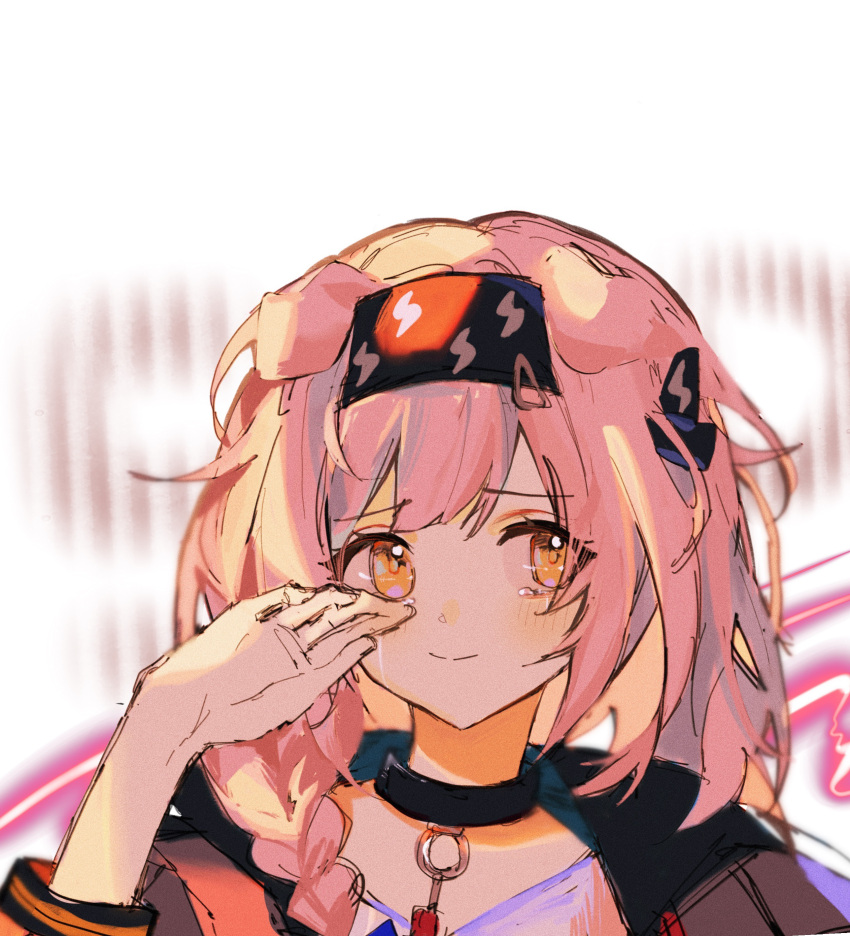 1girl absurdres animal_ears arknights backlighting bangs black_coat black_hairband blush braid cat_ears closed_mouth coat collar crying crying_with_eyes_open electricity eyebrows_visible_through_hair goldenglow_(arknights) hairband hand_up happy_tears highres lightning_bolt_print long_sleeves looking_at_viewer open_clothes open_coat open_mouth orange_eyes pink_hair portrait pye_(pye68) side_braid smile solo symbol-only_commentary tears wiping_tears