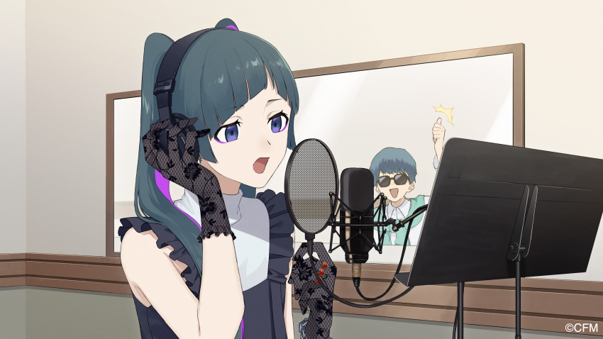 1boy 1girl :d ^^^ absurdres bangs black_dress black_gloves blue_eyes blue_hair commentary deco27 diagonal_bangs dress frilled_gloves frills gloves hand_on_headphones hands_up hatsune_miku headphones highres indoors jewelry lace lace_gloves microphone music open_mouth parasite_(vocaloid) purple_hair recording_studio ring rozu_ki sidelocks singing sleeveless sleeveless_dress smile sunglasses thumbs_up upper_body vocaloid window