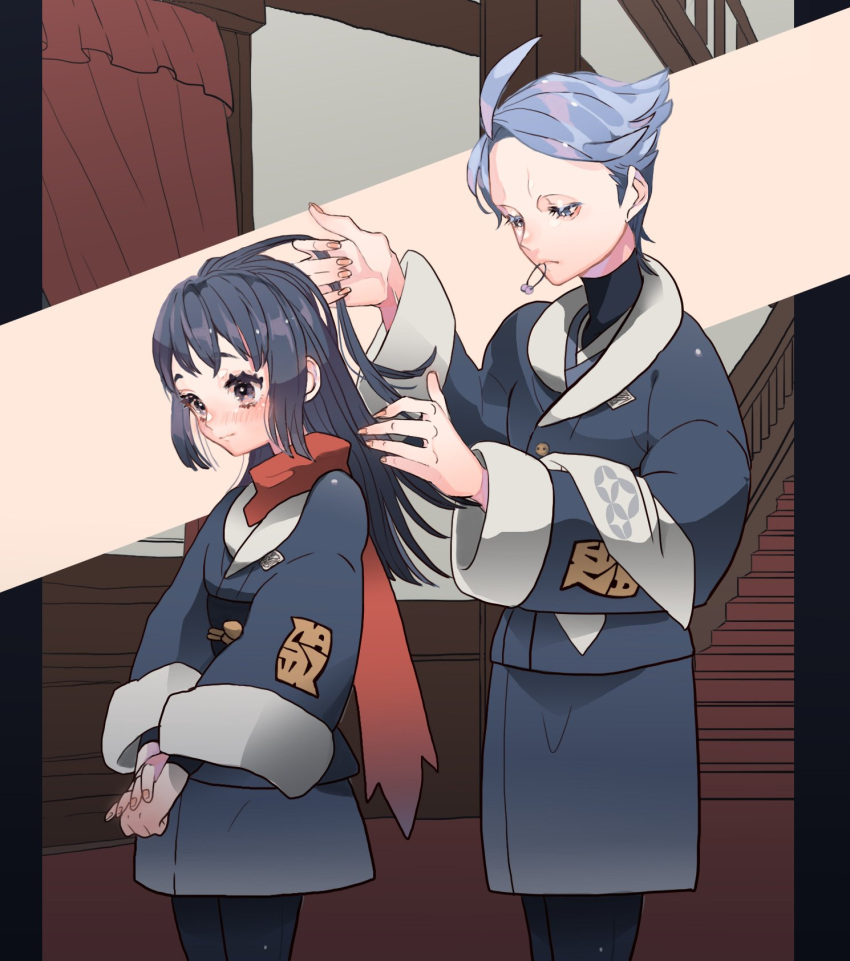 2girls adjusting_another's_hair ahoge akari_(pokemon) bangs black_hair black_legwear black_shirt blue_hair commentary_request cyllene_(pokemon) grey_jacket grey_skirt hair_tie_in_mouth head_scarf headwear_removed highres indoors jacket logo long_hair mouth_hold multiple_girls own_hands_together pantyhose pink_nails pokemon pokemon_(game) pokemon_legends:_arceus red_scarf scarf shirt short_hair sidelocks skirt stairs standing uenoike_(194753)