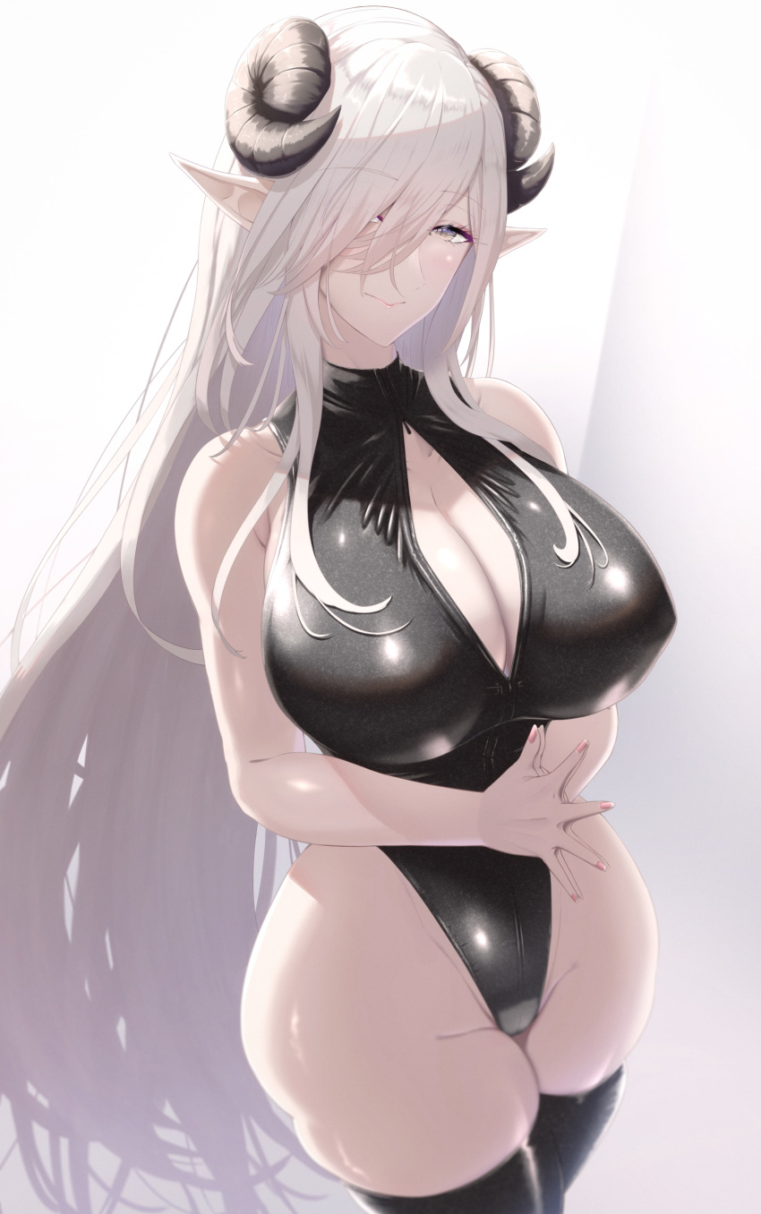 1girl absurdres bare_shoulders black_legwear black_swimsuit breasts cleavage_cutout closed_mouth clothing_cutout commentary_request competition_swimsuit curled_horns eyebrows_visible_through_hair eyelashes front_zipper_swimsuit hair_over_one_eye highres horns huge_breasts legs_together long_hair looking_at_viewer meme_attire nail_polish one-piece_swimsuit original own_hands_together pink_nails pointy_ears shiroshisu slit_pupils smile solo standing swimsuit thigh-highs thighs very_long_hair white_hair wide_hips yellow_eyes zipper_pull_tab