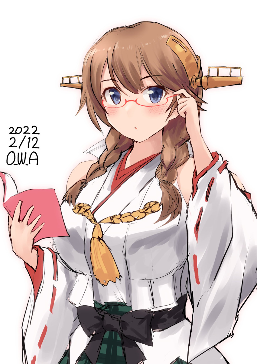 1girl alternate_hair_length alternate_hairstyle artist_name bespectacled book braid dated detached_sleeves glasses green_skirt hair_over_shoulder headgear hiei_(kancolle) hiei_kai_ni_(kancolle) highres japanese_clothes kantai_collection long_hair owa_(ishtail) plaid popped_collar red-framed_eyewear ribbon-trimmed_sleeves ribbon_trim simple_background skirt solo twin_braids upper_body white_background
