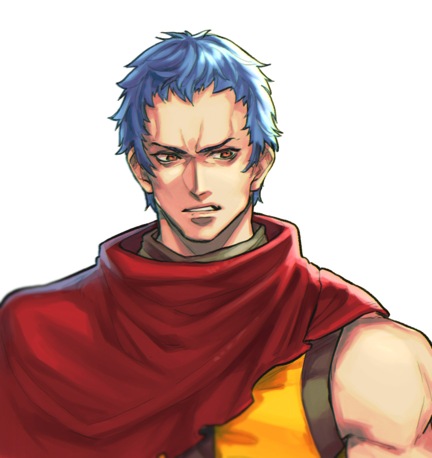 1boy annoyed bangs blue_hair brown_jacket cape commentary highres jacket k9999 kthovhinao_virmi male_focus multicolored_clothes multicolored_jacket orange_eyes parted_lips red_cape short_hair simple_background solo the_king_of_fighters upper_body white_background yellow_jacket