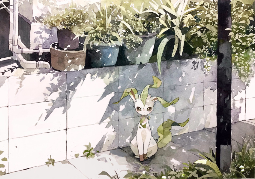 brown_eyes closed_mouth day drainpipe full_body green_tail highres kamonabe_(kamonabeekon) leafeon looking_at_viewer no_humans outdoors pavement plant plant_hair pokemon pokemon_(creature) potted_plant shadow tagme utility_pole white_fur