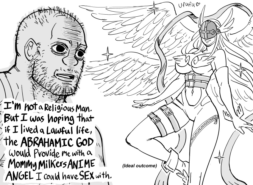 1boy 1girl angel angel_wings angewomon bb_(baalbuddy) breasts coomer digimon elbow_gloves english_text facial_hair gloves greyscale helmet highres large_breasts monochrome original revealing_clothes simple_background stubble thigh_strap white_background winged_helmet wings