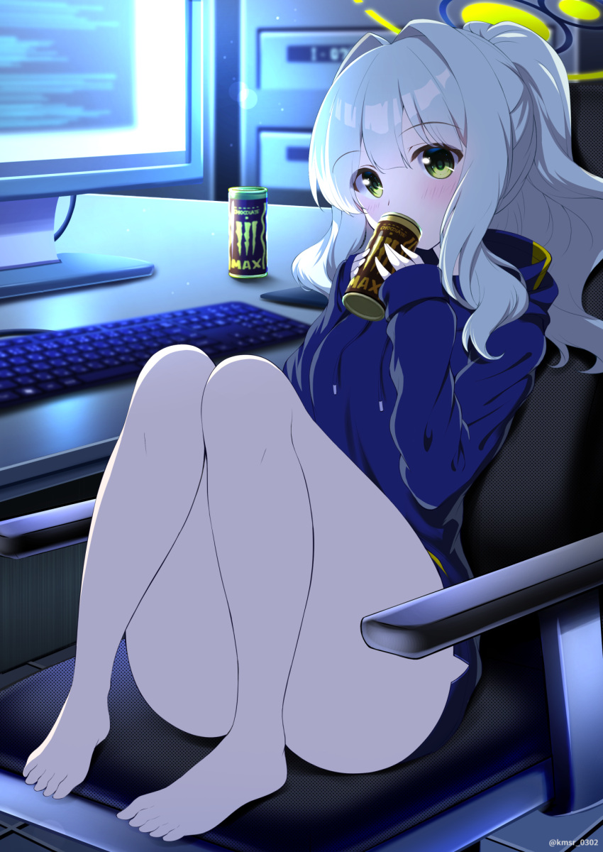 1girl bangs blue_archive blue_hoodie blush can chair commentary_request covered_mouth desk energy_drink eyebrows_visible_through_hair green_eyes grey_hair hair_between_eyes halo hands_up hare_(blue_archive) highres holding holding_can hood hood_down hoodie indoors kamishiro_(rsg10679) keyboard_(computer) knees_up long_hair long_sleeves monitor monster_energy mousepad_(object) office_chair on_chair ponytail sitting sleeves_past_wrists solo