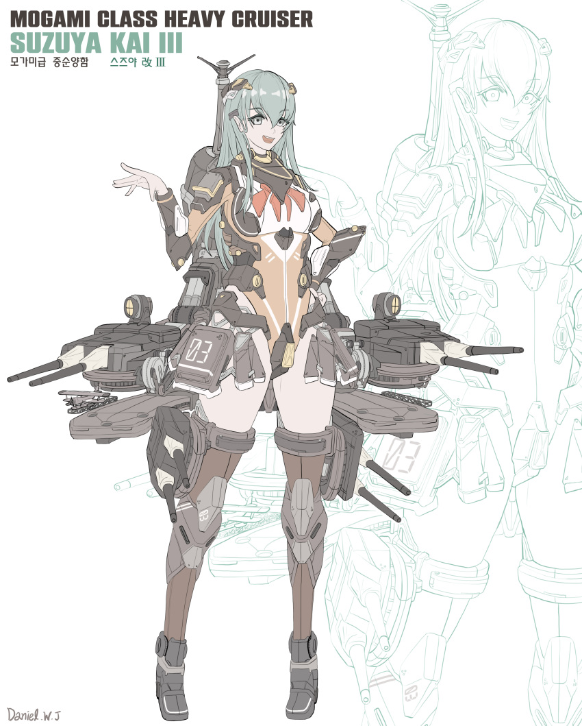 1girl absurdres adapted_costume aircraft aircraft_catapult airplane biplane bodysuit breasts cannon character_name danielwj1218 flight_deck full_body green_eyes green_hair highres kantai_collection knee_pads long_sleeves machinery medium_breasts original_remodel_(kantai_collection) rigging searchlight standing suzuya_(kancolle) turret