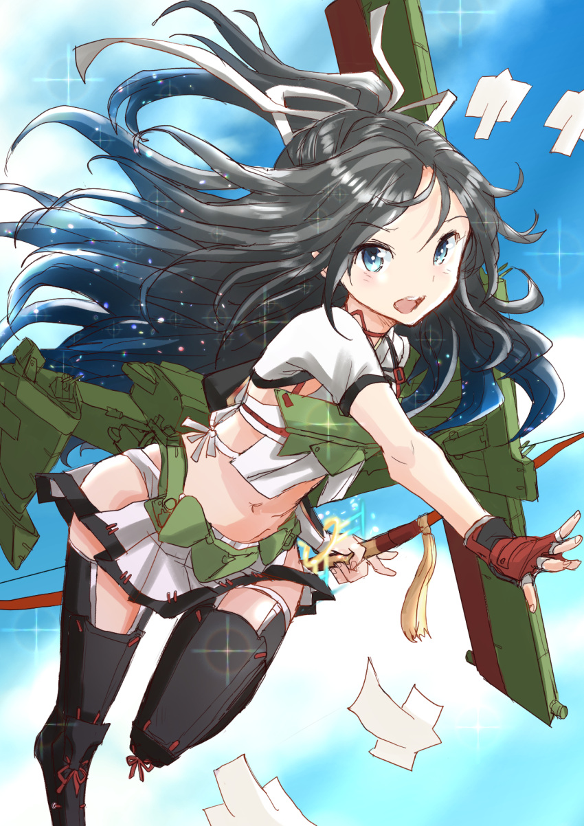 1girl arm_warmers asymmetrical_clothes asymmetrical_gloves black_hair black_legwear blue_background blue_eyes bow_(weapon) crop_top eyebrows_visible_through_hair feet_out_of_frame fingerless_gloves flight_deck fuji_(pixiv24804665) gloves hair_ribbon highres holding holding_bow_(weapon) holding_weapon kantai_collection katsuragi_(kancolle) long_hair looking_at_viewer machinery midriff muneate navel open_mouth pleated_skirt ponytail red_gloves ribbon simple_background single_arm_warmer single_fingerless_glove skirt standing standing_on_one_leg thigh-highs uneven_gloves weapon white_ribbon