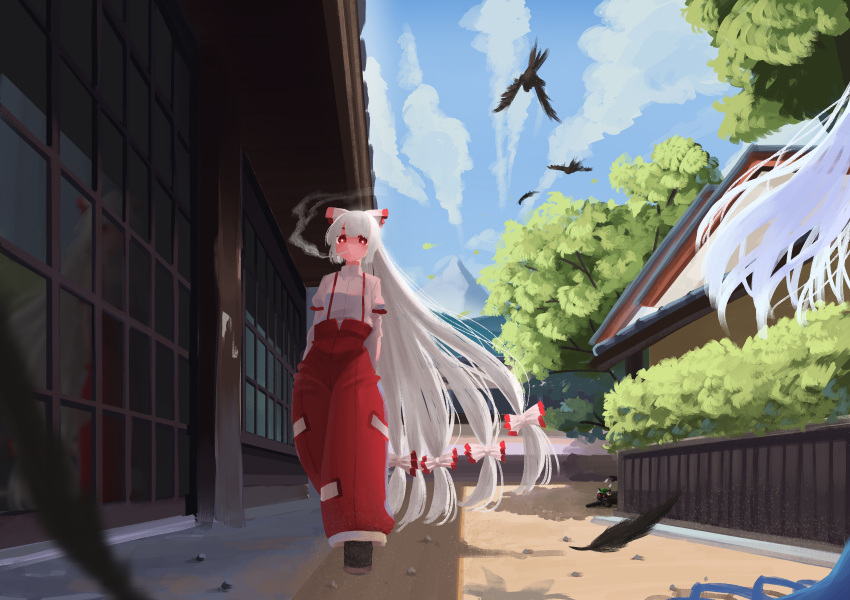 2girls absurdres bangs bird black_cat blue_sky bow cat chen chen_(cat) cityscape clouds crow earrings eyebrows_visible_through_hair fujiwara_no_mokou full_body green_headwear hair_bow hands_in_pockets highres house jewelry kamishirasawa_keine long_hair looking_at_viewer multiple_bows multiple_girls multiple_tails ofuda ofuda_on_clothes outdoors pants red_eyes red_pants scenery shirt short_sleeves single_earring sky smoking standing sweet_reverie tail touhou tree two_tails very_long_hair white_hair white_shirt