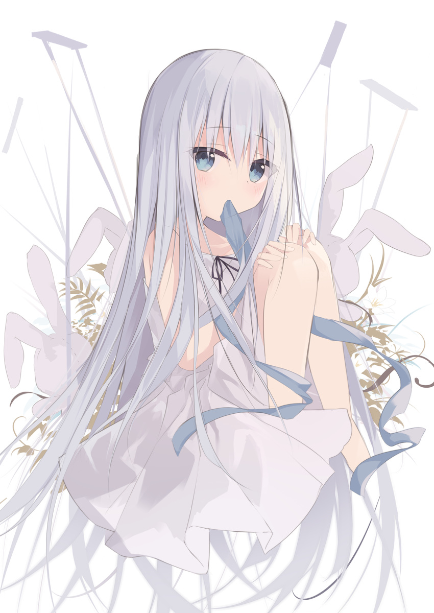 1girl bangs bare_arms bare_shoulders barefoot black_ribbon blue_eyes blue_ribbon collarbone commentary_request dress eyebrows_visible_through_hair grey_hair hair_between_eyes hands_on_own_knees highres knees_up kushida_you long_hair looking_at_viewer mouth_hold original ribbon sitting sleeveless sleeveless_dress solo stuffed_animal stuffed_bunny stuffed_toy very_long_hair white_dress