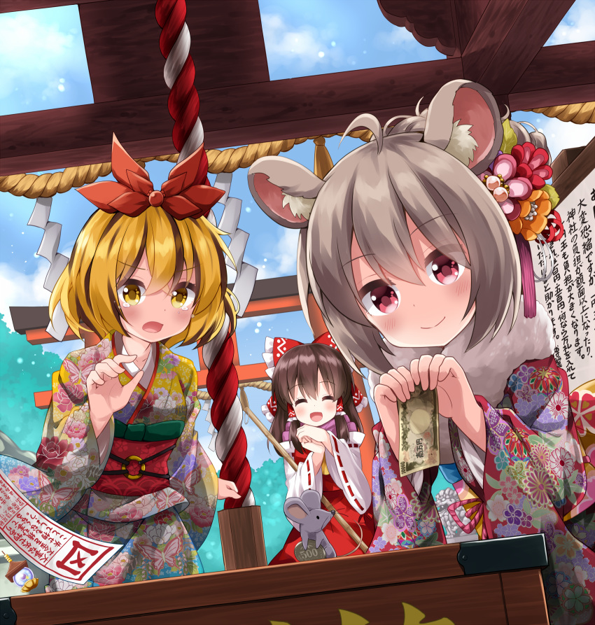 3girls :d ^_^ ahoge alternate_costume animal_ear_fluff animal_ears bangs black_hair blonde_hair blue_sky box brown_hair closed_eyes clouds coin commentary_request day donation_box eyebrows_visible_through_hair eyes_visible_through_hair floral_print flower fur_collar grey_hair hair_between_eyes hair_flower hair_ornament hakurei_reimu highres japanese_clothes kimono money mouse mouse_ears multicolored_hair multiple_girls nazrin obi outdoors print_kimono red_eyes rope ruu_(tksymkw) sash shide shimenawa short_hair shrine sky smile streaked_hair tears toramaru_shou torii touhou two-tone_hair wide_sleeves yellow_eyes