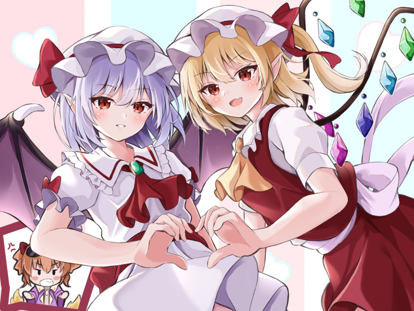 3girls angry ascot back_bow bangs barefoot bat_wings blue_hair blush bow buttons center_frills commentary_request crystal dress dress_bow eyebrows_visible_through_hair eyelashes fang fingernails flandre_scarlet frilled_shirt_collar frilled_skirt frills frustrated gray_ceon hat hat_ribbon heart heart_hands heart_hands_duo highres knees looking_at_viewer mob_cap multiple_girls one_side_up open_mouth pink_dress pink_headwear puffy_short_sleeves puffy_sleeves red_ascot red_eyes red_sash red_skirt red_vest remilia_scarlet ribbon sash shiny shiny_hair shirt short_hair short_sleeves siblings side_ponytail sisters skirt slit_pupils smile touhou vest white_shirt wings wrist_cuffs yorigami_jo'on