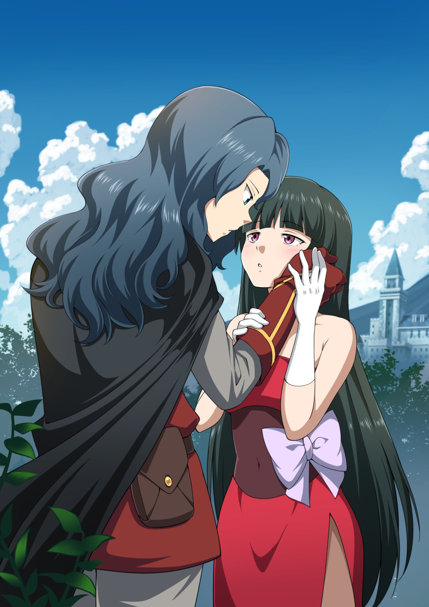 1boy 1girl bangs black_cape black_hair blunt_bangs blush brown_bag building cape clouds commentary day eye_contact gloves green_hair hands_up hetero highres long_hair looking_at_another outdoors parted_lips pokemon pokemon_(anime) pokemon_(classic_anime) pokemon_dppt_(anime) red_gloves red_shirt red_skirt sabrina_(pokemon) shirt side_slit skirt sky strapless strapless_shirt suitenan tobias_(pokemon) tunic violet_eyes white_gloves