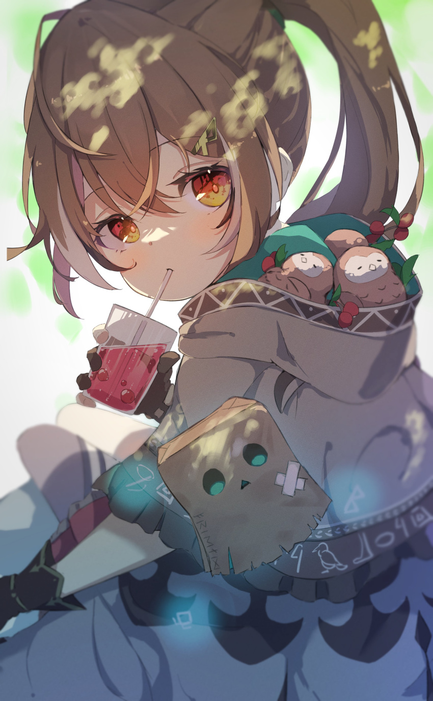 1girl absurdres ahoge berry bird blurry blush brown_cape brown_capelet brown_cloak brown_eyes brown_hair cape capelet cloak cup dappled_sunlight depth_of_field drinking_straw friend_(nanashi_mumei) gloves hair_ornament hairclip haru_(watari0131) hieroglyphics highres hololive hololive_english hood juice leaf multicolored_hair nanashi_mumei owl partially_fingerless_gloves ponytail runes streaked_hair sunlight thigh-highs thigh_strap tree_shade virtual_youtuber